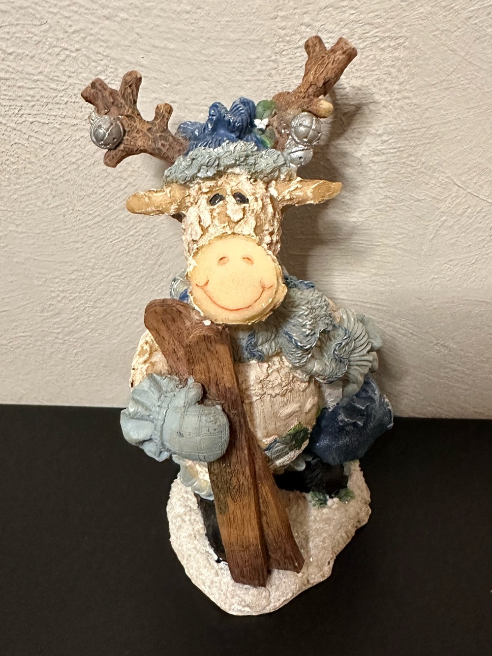 Vintage Christmas Skiing Moose Figurine Resin faux Wooden Jingle Bell Antlers